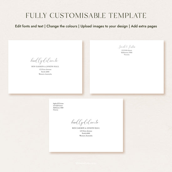 Three elegant editable wedding envelope address template layouts in Canva, each with “kindly deliver to” script for a centred guest address, a return address and a combined version. Black text sits on white, ready for you to edit fonts, change colours and print for a DIY finish.