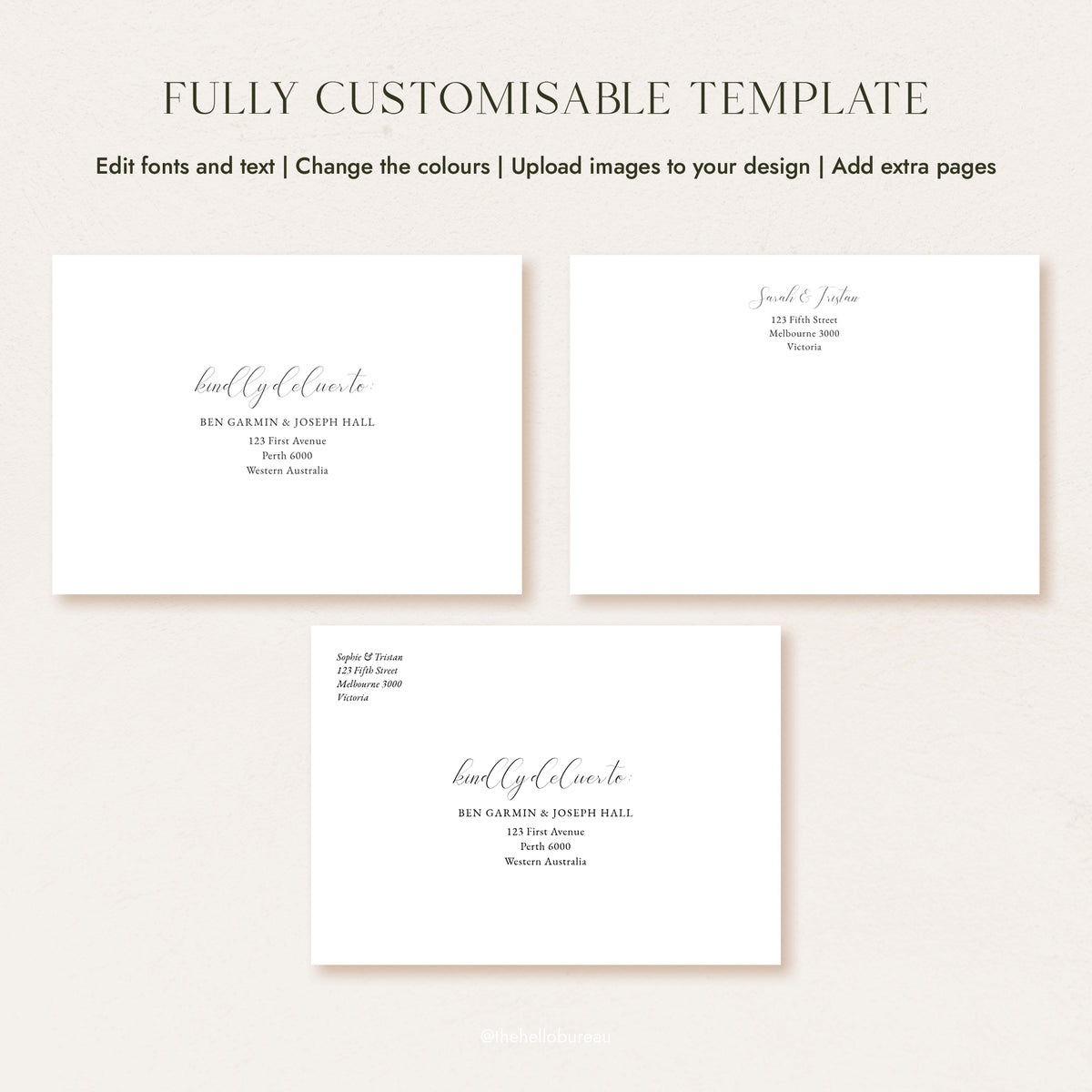 Three elegant editable wedding envelope address template layouts in Canva, each with “kindly deliver to” script for a centred guest address, a return address and a combined version. Black text sits on white, ready for you to edit fonts, change colours and print for a DIY finish.