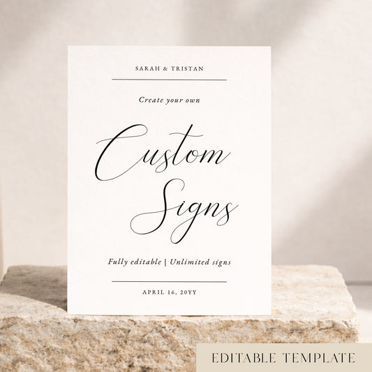 Fontaine wedding sign template reading "Create your own Custom Signs, fully editable, unlimited signs" on a stone block.