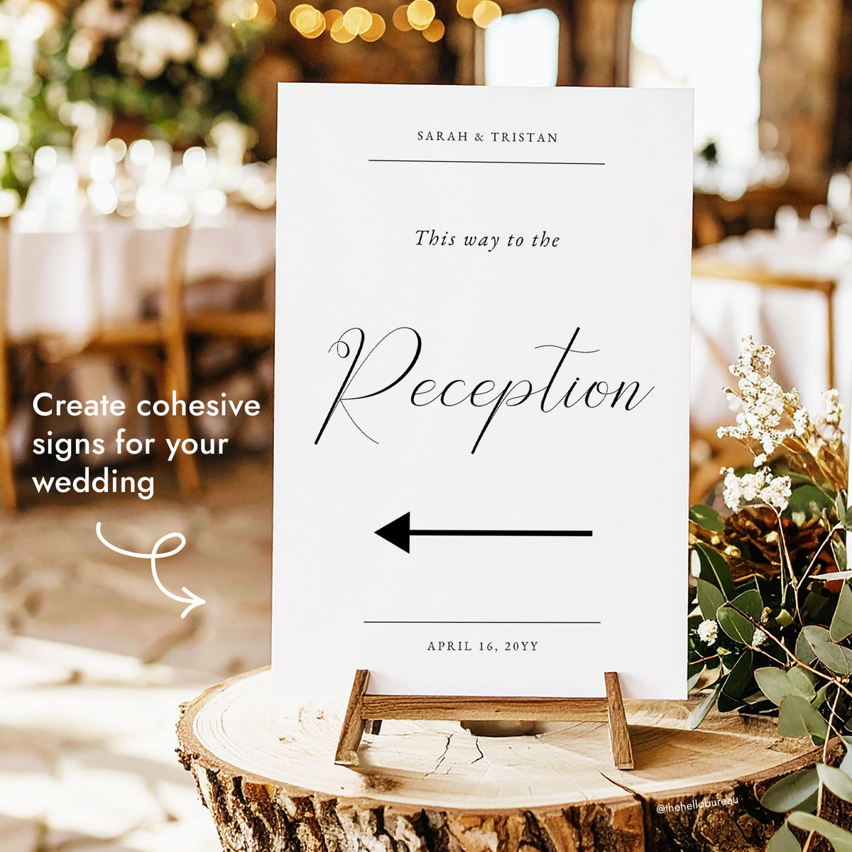 "This way to the Reception" wedding directional sign with a left arrow, displayed on a small wooden easel at a rustic reception.