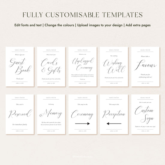 All ten signs in the Fontaine wedding sign bundle, including guest book, cards and gifts, unplugged ceremony, wishing well and reserved.