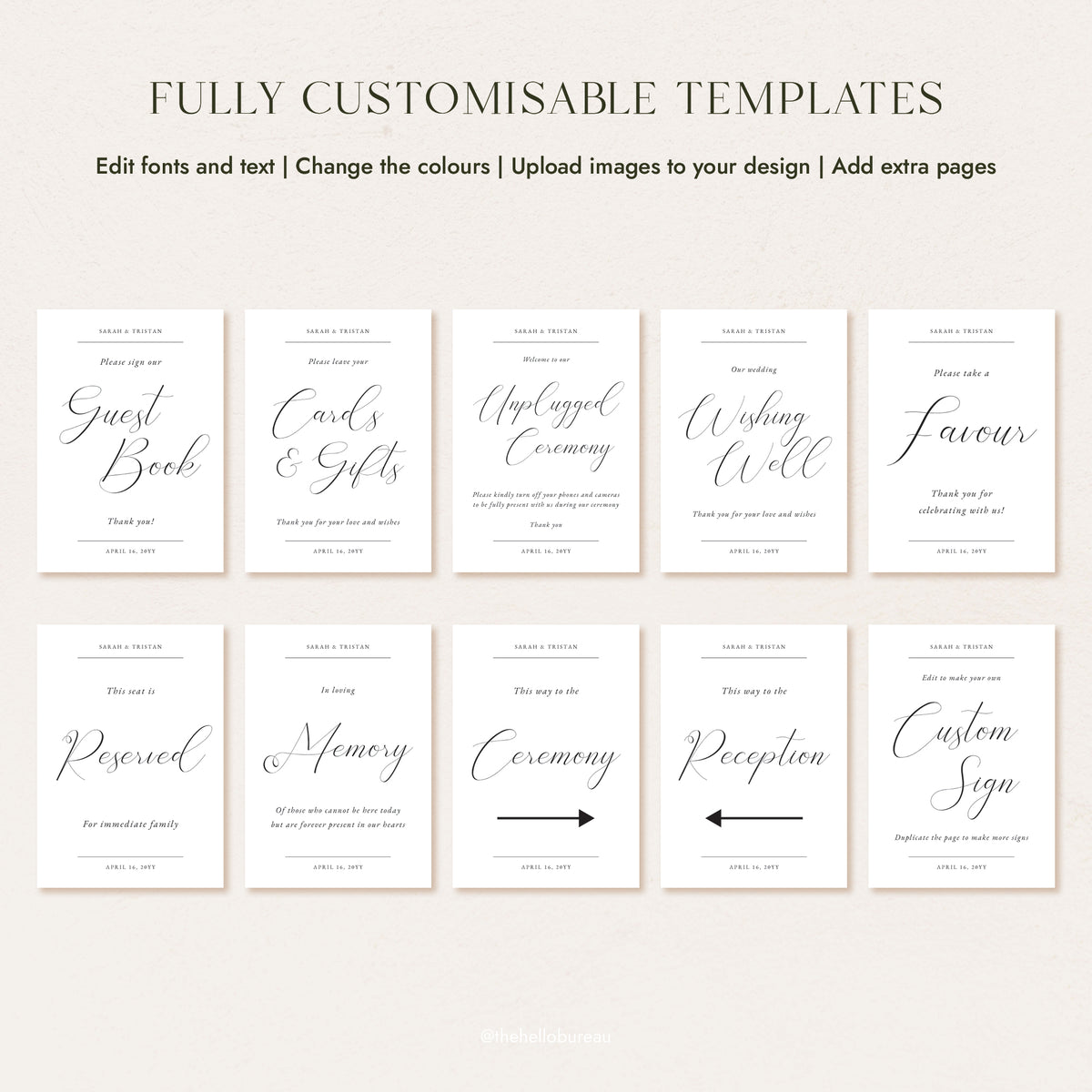 All ten signs in the Fontaine wedding sign bundle, including guest book, cards and gifts, unplugged ceremony, wishing well and reserved.