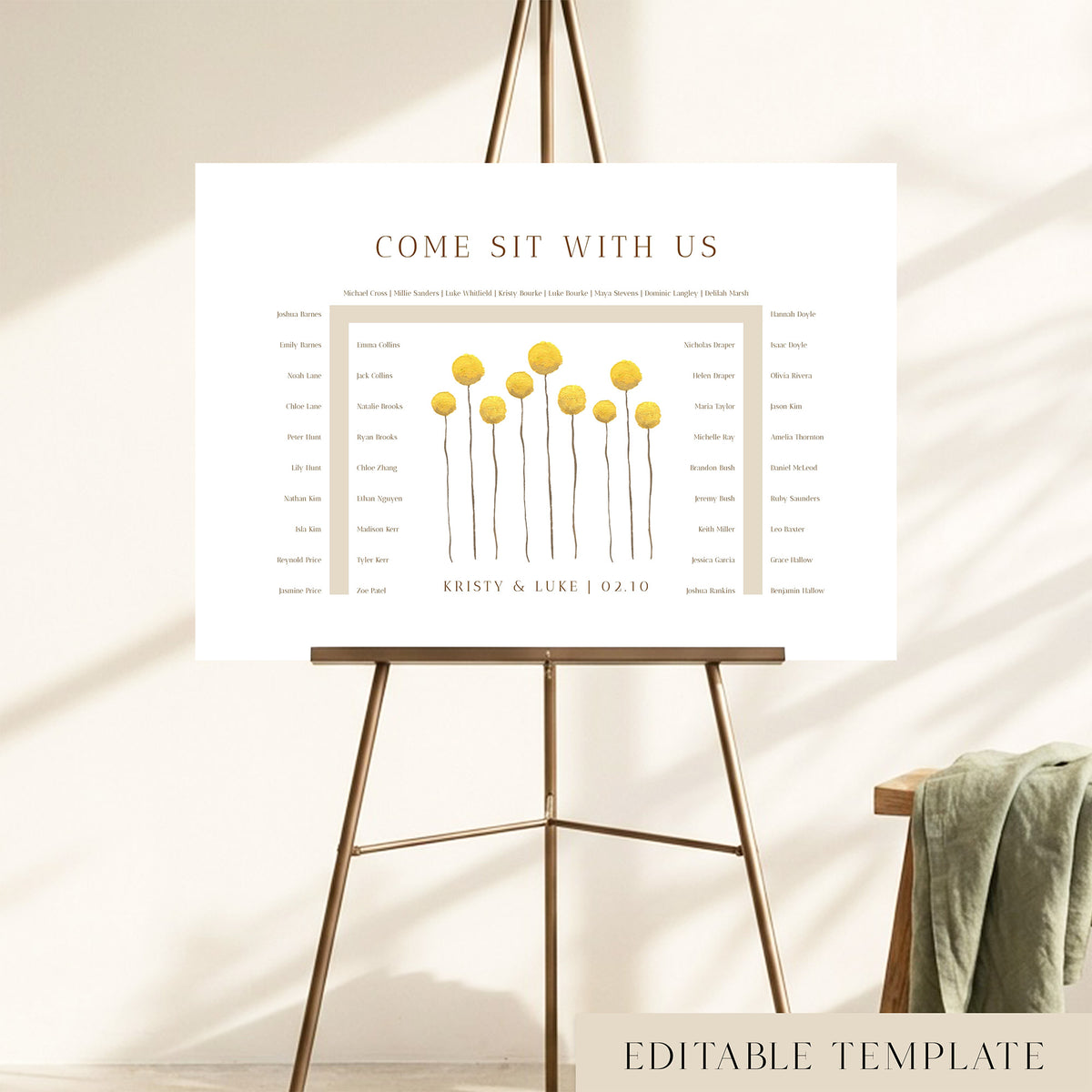 46-guest U-shape wedding seating chart template with hand-painted yellow billy button wildflowers, displayed on a bronze easel, fully editable in Canva.