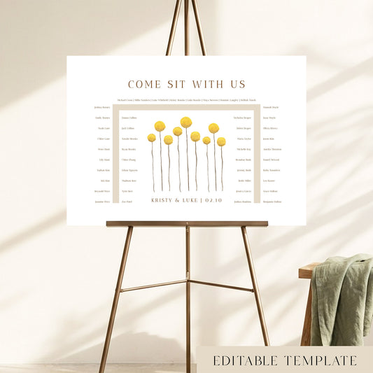 46-guest U-shape wedding seating chart template with hand-painted yellow billy button wildflowers, displayed on a bronze easel, fully editable in Canva.