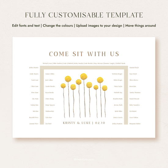 Fully customisable U-shape wedding seating chart template for 46 guests, featuring hand-painted yellow billy button wildflowers in warm gold tones.
