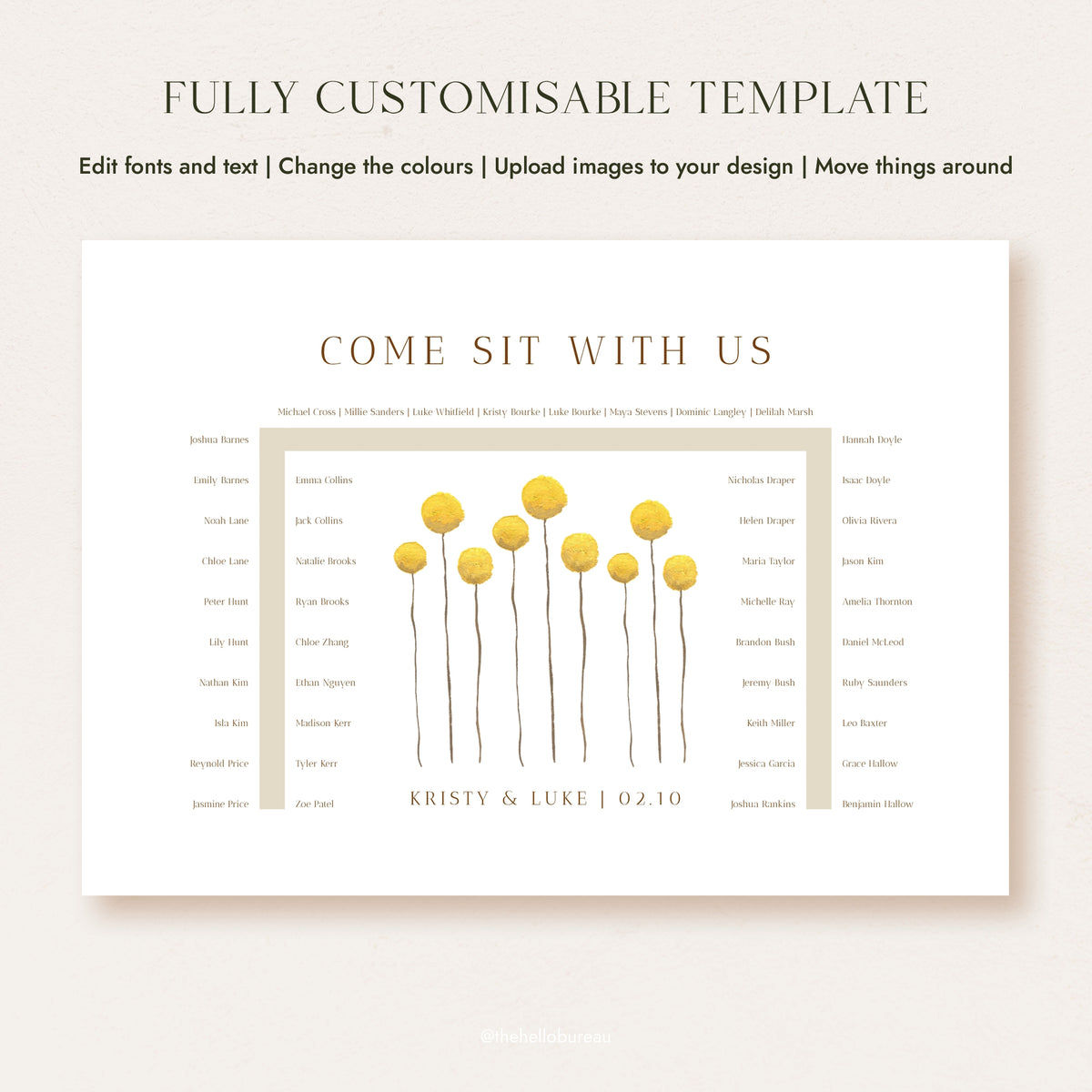 Fully customisable U-shape wedding seating chart template for 46 guests, featuring hand-painted yellow billy button wildflowers in warm gold tones.