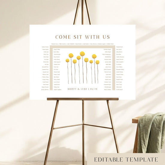 78-guest U-shape wedding seating chart template with hand-painted yellow billy button wildflowers, displayed on a bronze easel, fully editable in Canva.