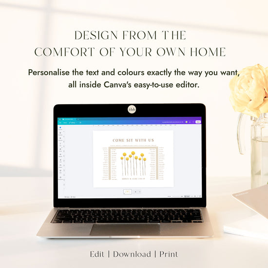 Laptop displaying the U-shape seating chart template open in Canva, with yellow billy button wildflower artwork ready to customise.