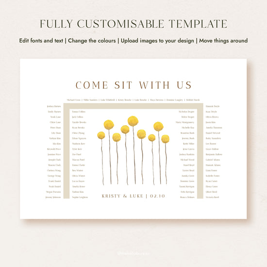 Fully customisable U-shape wedding seating chart template for 78 guests, featuring hand-painted yellow billy button wildflowers in warm gold tones.