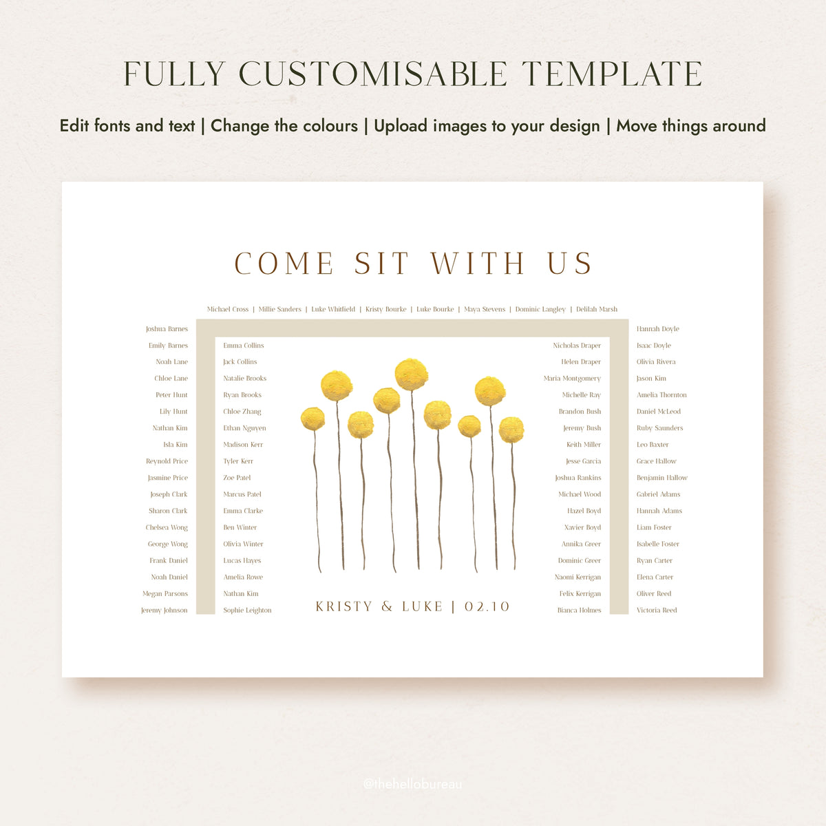 Fully customisable U-shape wedding seating chart template for 78 guests, featuring hand-painted yellow billy button wildflowers in warm gold tones.