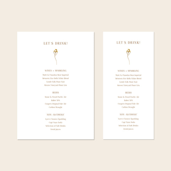 Two wedding bar menu templates, one tall and one wide, displayed on a beige background.
