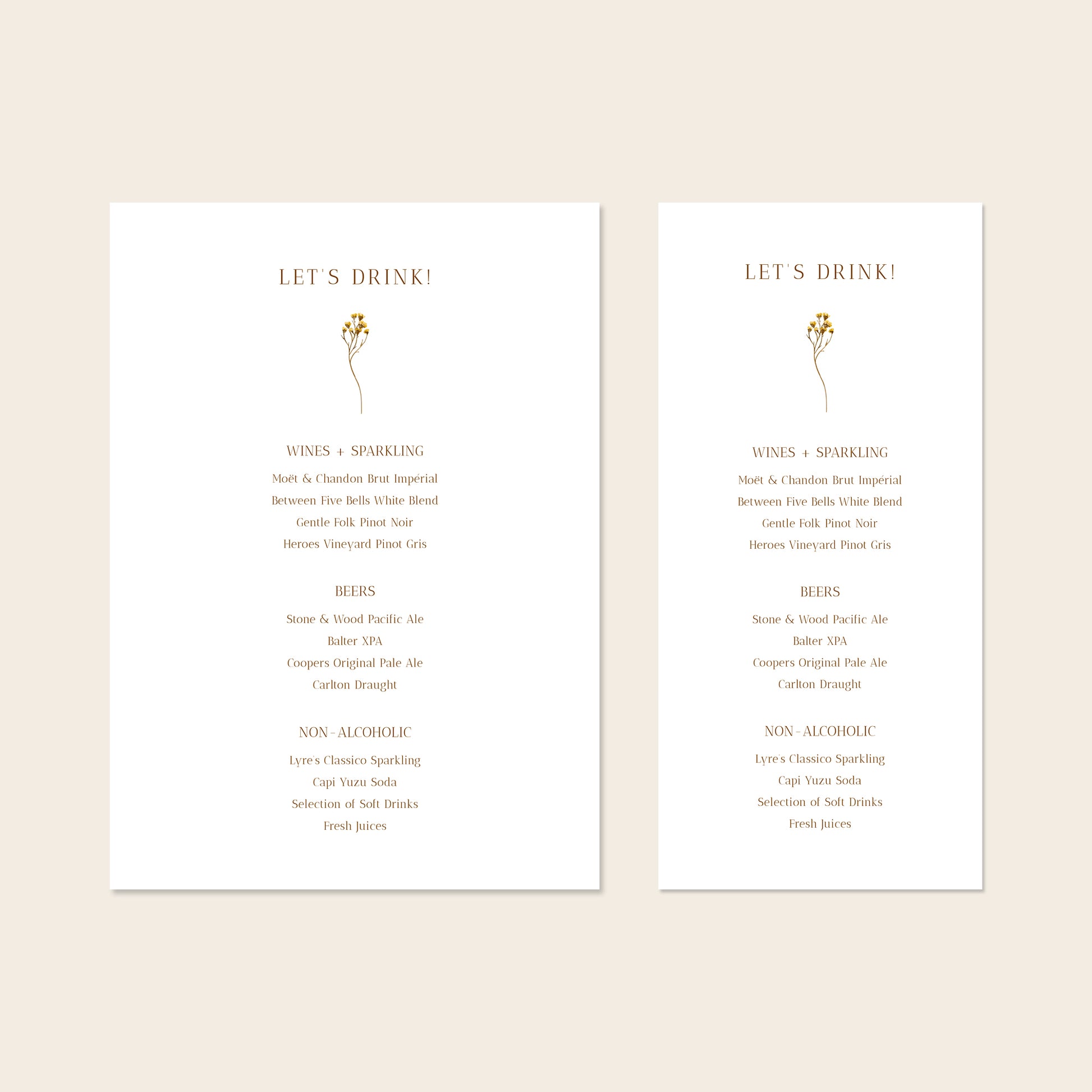 Two wedding bar menu templates, one tall and one wide, displayed on a beige background.