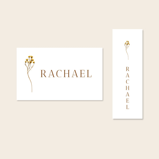 Two place card templates shown in horizontal and slim rectangular layouts on a beige background.