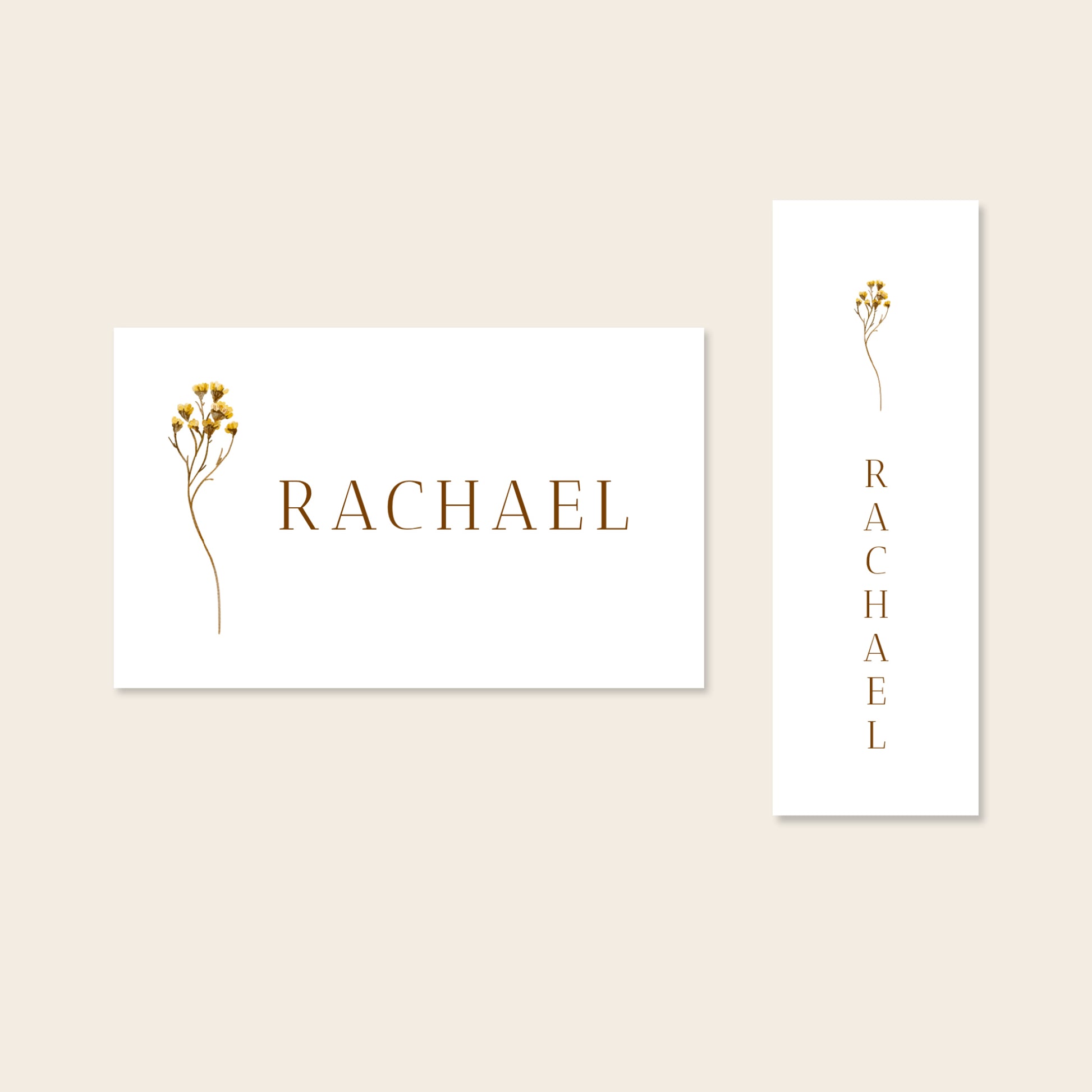 Two place card templates shown in horizontal and slim rectangular layouts on a beige background.