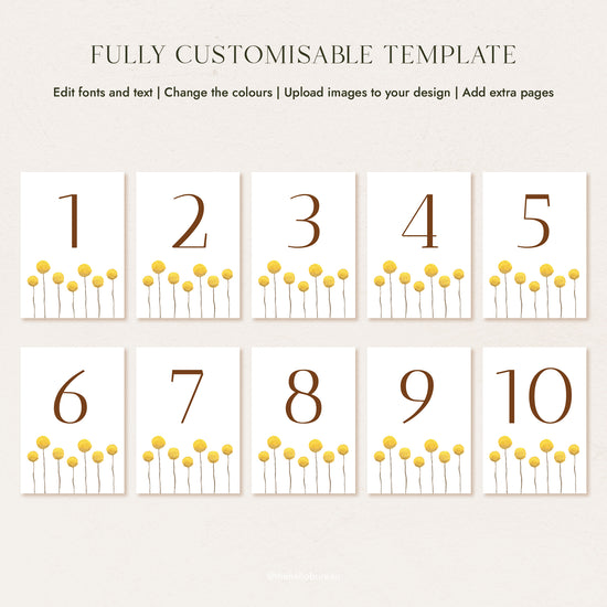 Fully customisable Goldfields table number template set, numbers one through ten, each featuring hand-painted billy buttons.