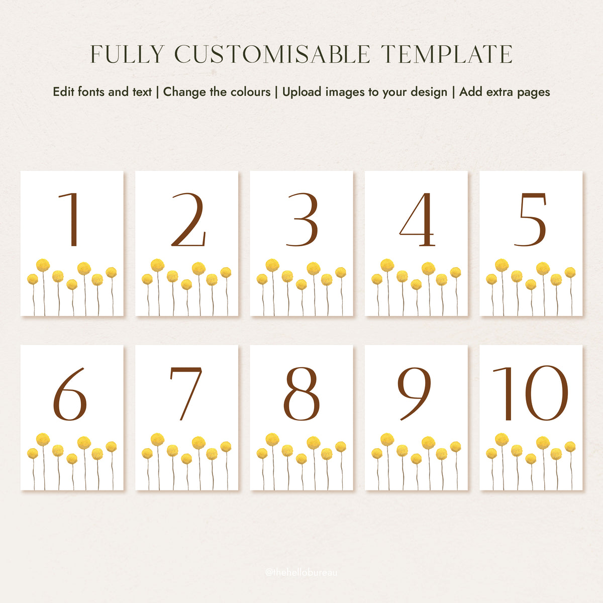 Fully customisable Goldfields table number template set, numbers one through ten, each featuring hand-painted billy buttons.