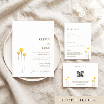 Wedding invitation, details card and RSVP card templates with three hand-painted yellow billy button wildflowers, laid on a linen napkin over a speckled ceramic plate, fully editable in Canva.