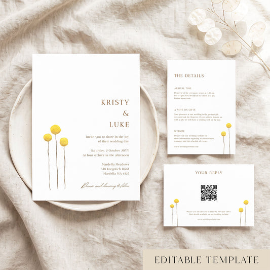 Wedding invitation, details card and RSVP card templates with three hand-painted yellow billy button wildflowers, laid on a linen napkin over a speckled ceramic plate, fully editable in Canva.