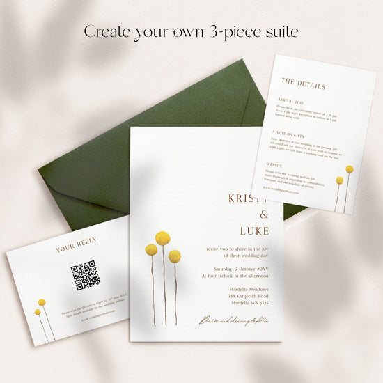 Wedding invitation, RSVP and details card templates with yellow billy button wildflowers, fanned over an olive green envelope, customisable into your own three-piece suite.