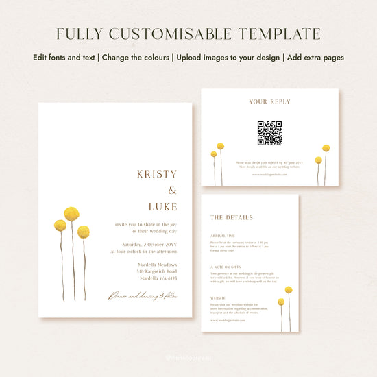 Fully customisable wedding invitation, RSVP and details card templates, each decorated with hand-painted yellow billy button wildflowers in warm gold tones.