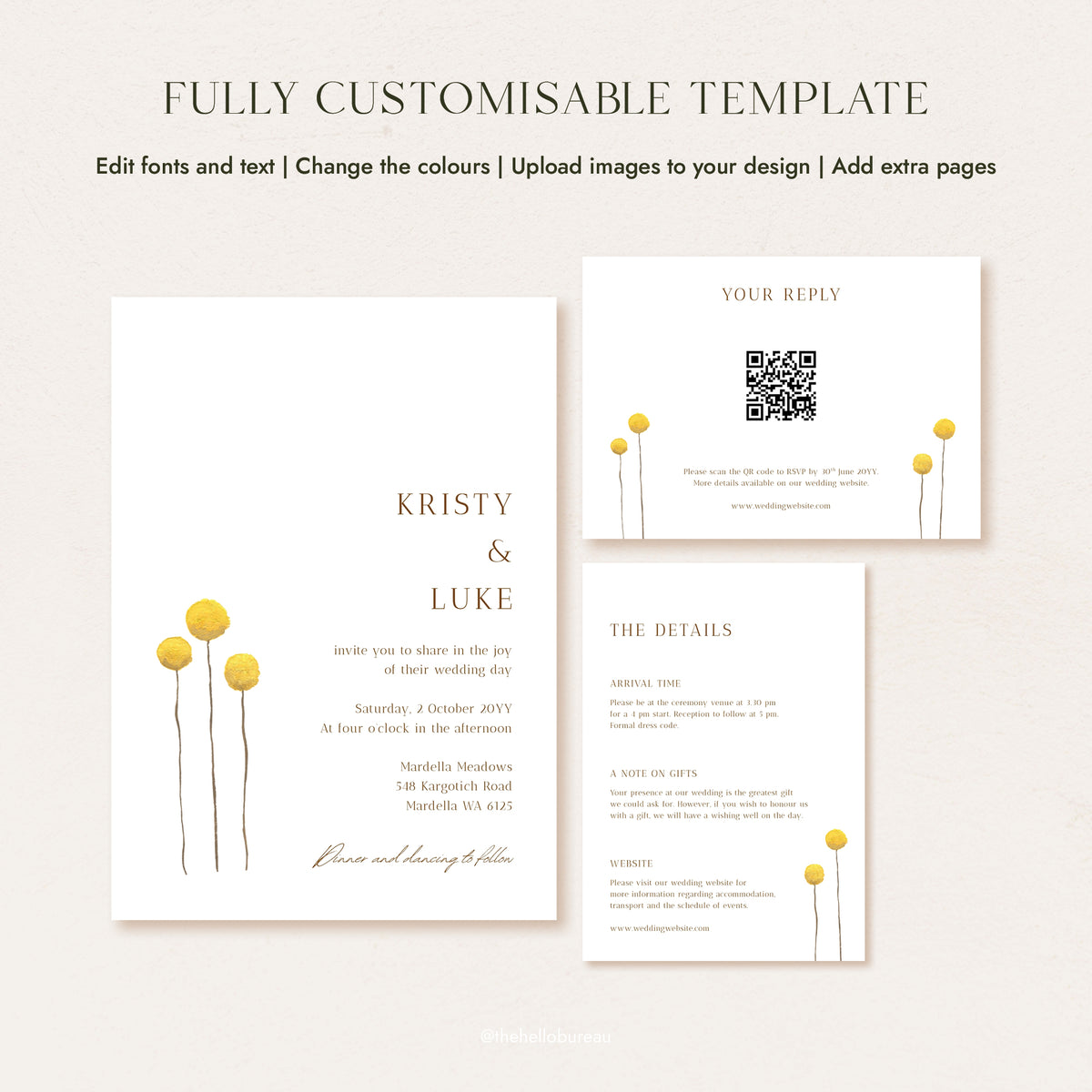 Fully customisable wedding invitation, RSVP and details card templates, each decorated with hand-painted yellow billy button wildflowers in warm gold tones.