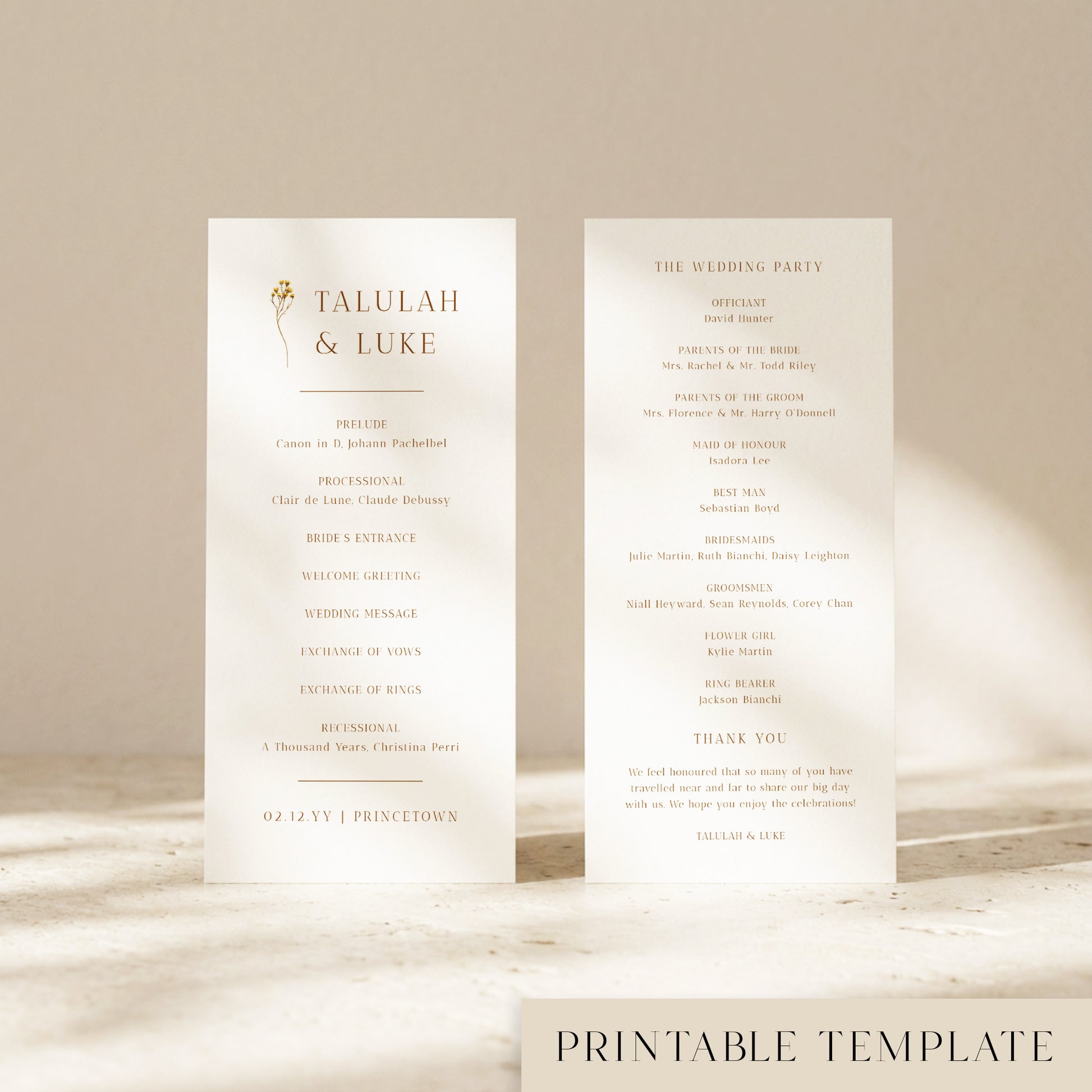 Two DL-sized wedding program cards standing upright on a textured surface with soft natural light creating shadows across the background.