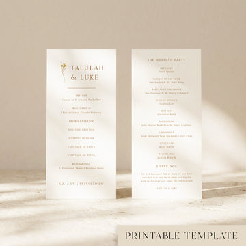Two DL-sized wedding program cards standing upright on a textured surface with soft natural light creating shadows across the background.