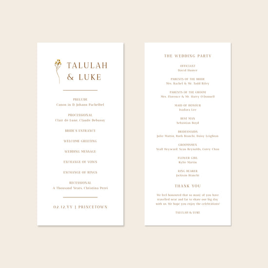 A digital mockup showing the front and back of a DL-sized wedding program template against a plain neutral backdrop.