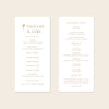A digital mockup showing the front and back of a DL-sized wedding program template against a plain neutral backdrop.