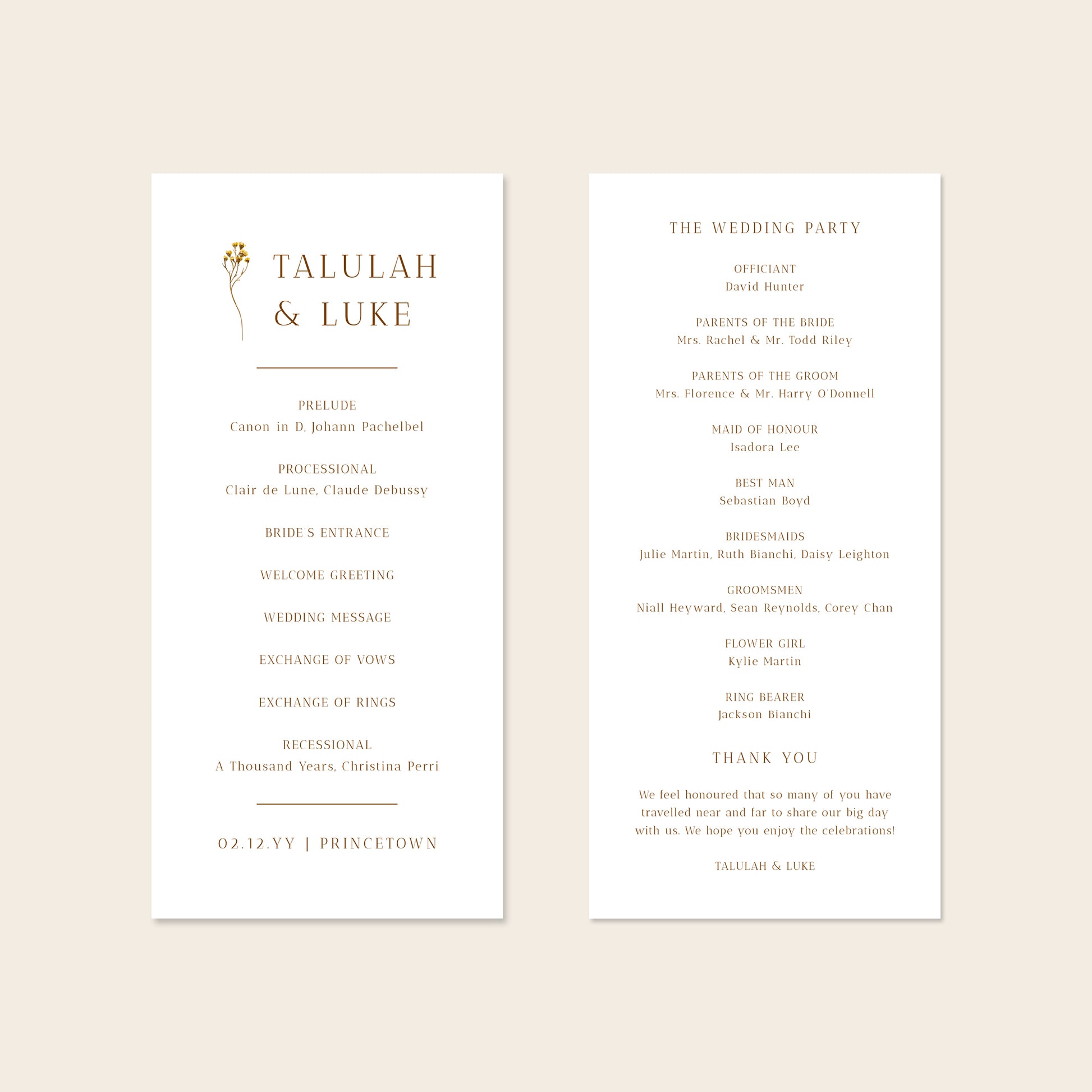 A digital mockup showing the front and back of a DL-sized wedding program template against a plain neutral backdrop.