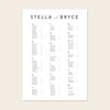 Wedding alphabetical table seating plan template design on a beige background.