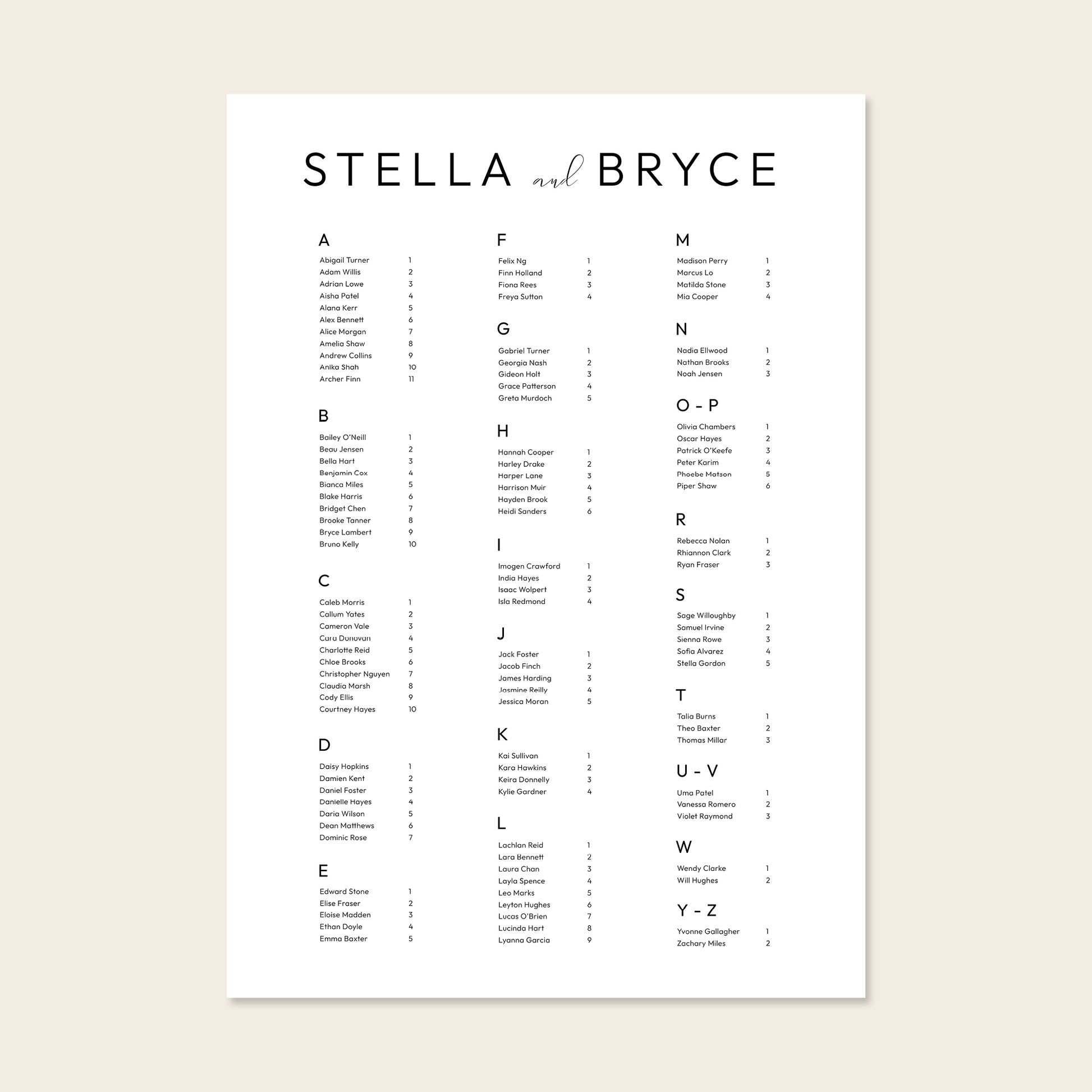 Wedding alphabetical table seating plan template design on a beige background.