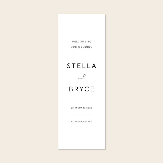 Vertical white fabric sign template on a beige background.