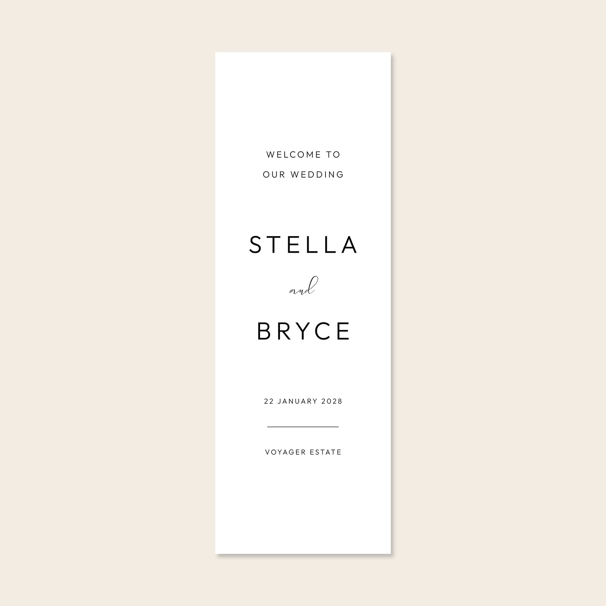 Vertical white fabric sign template on a beige background.