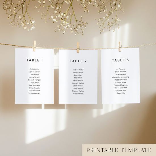Three white seating chart cards with printed names, clipped to a string with pegs, against a neutral background.