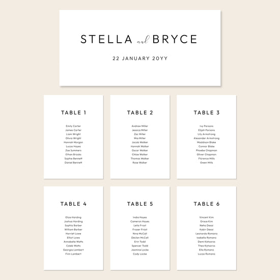 Printable seating chart cards template design with names and title on a beige background.