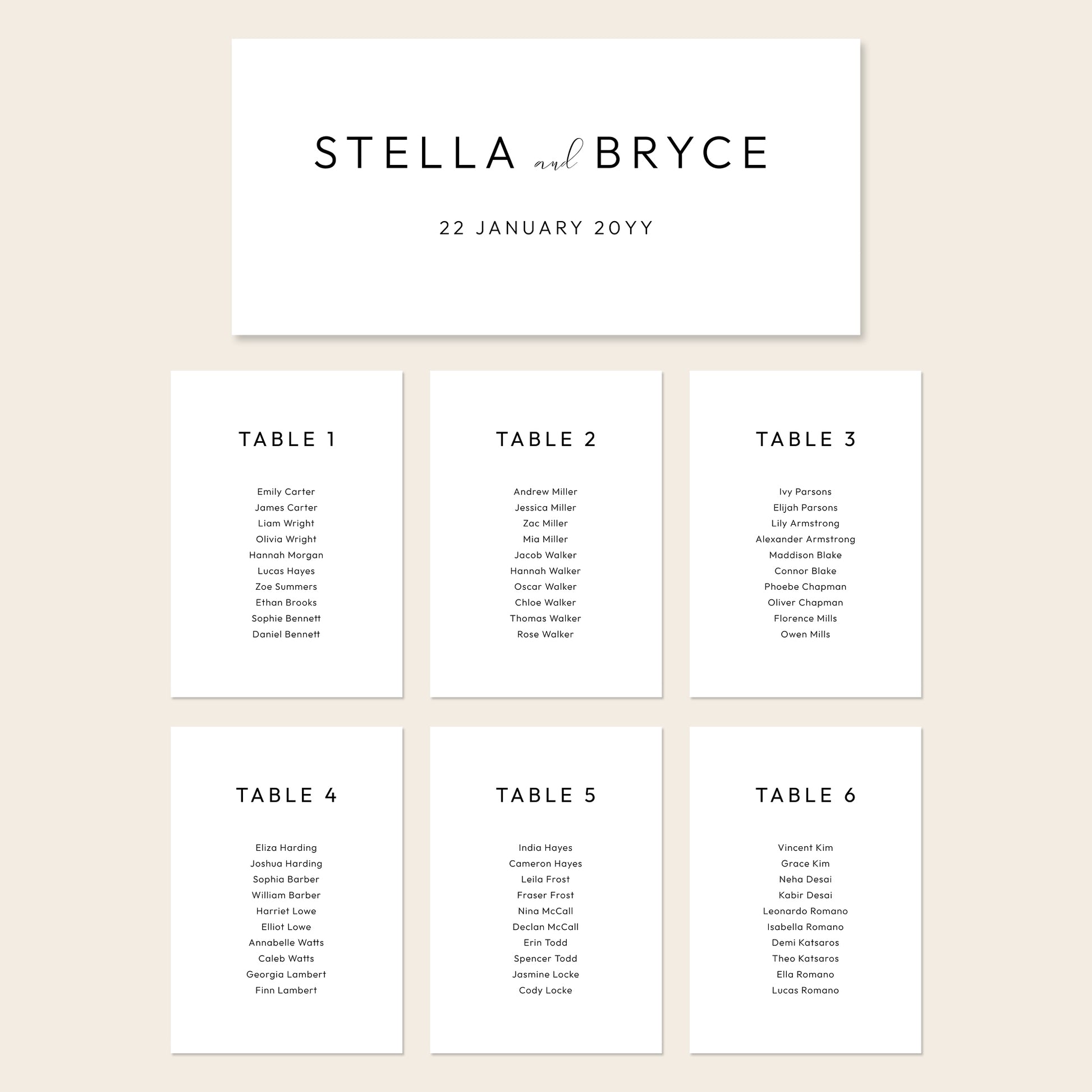 Printable seating chart cards template design with names and title on a beige background.