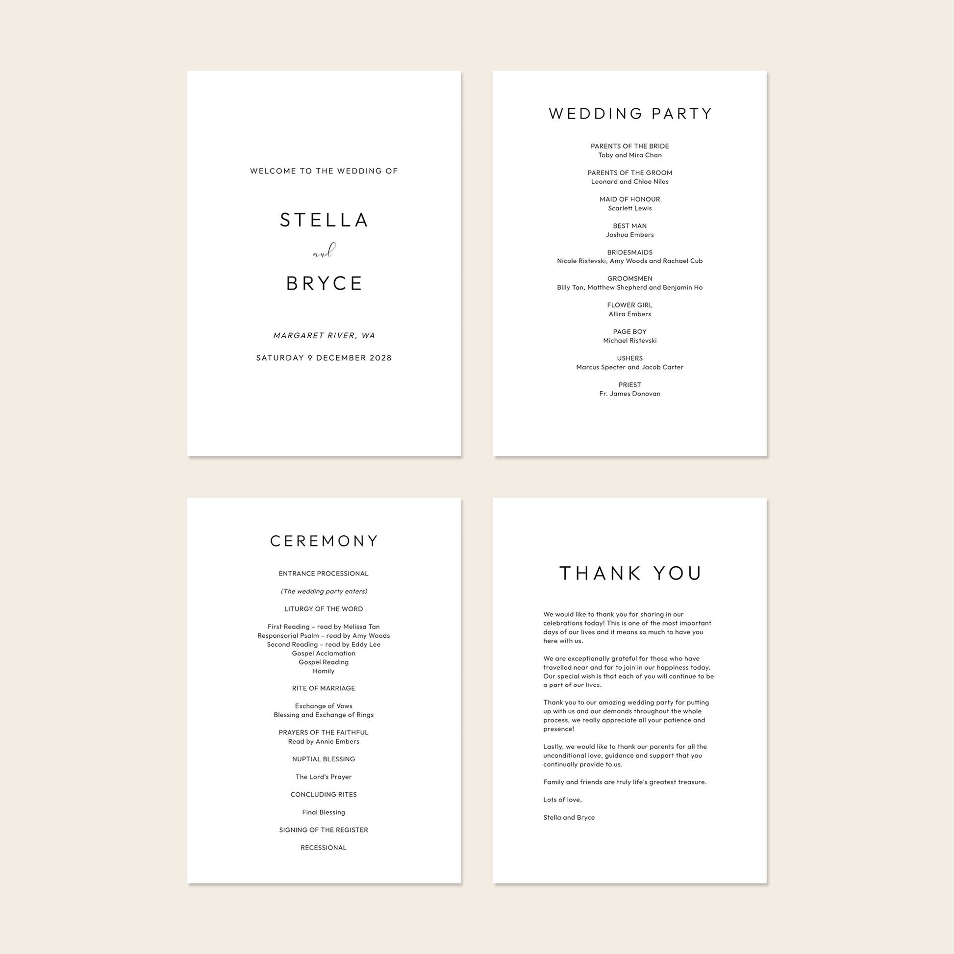 Set of four wedding ceremony programs on a beige background