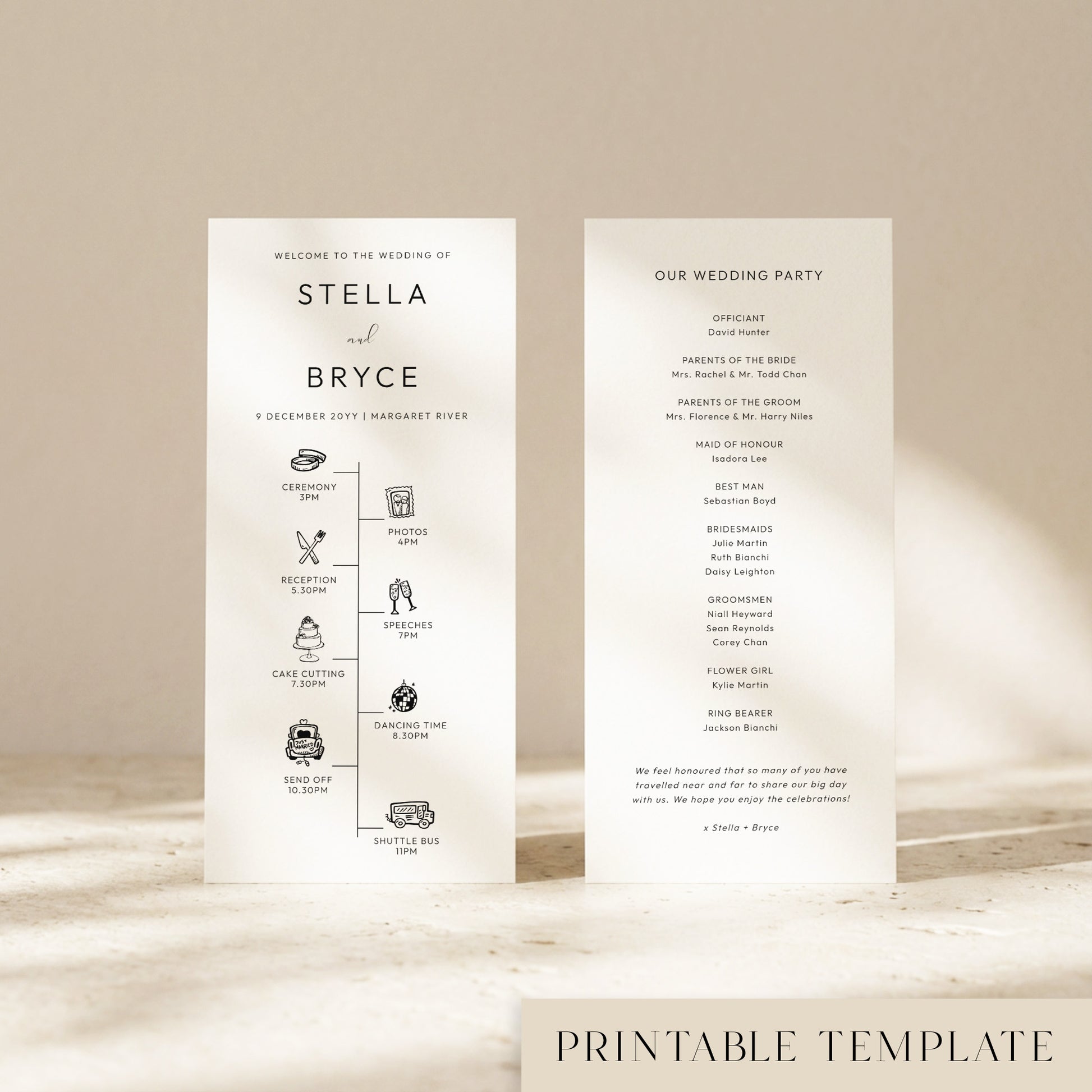 Two DL-sized wedding program cards standing upright on a textured surface with soft natural light creating shadows across the background.