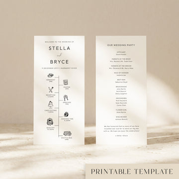 Two DL-sized wedding program cards standing upright on a textured surface with soft natural light creating shadows across the background.
