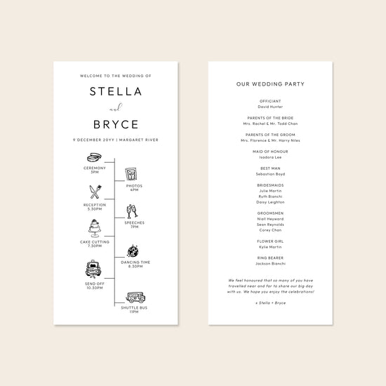 A digital mockup showing the front and back of a DL-sized wedding program template against a plain neutral backdrop.