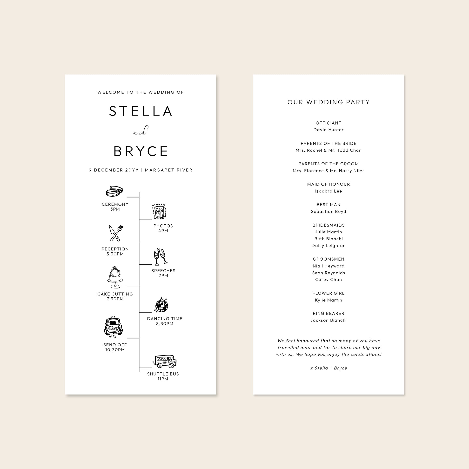 A digital mockup showing the front and back of a DL-sized wedding program template against a plain neutral backdrop.