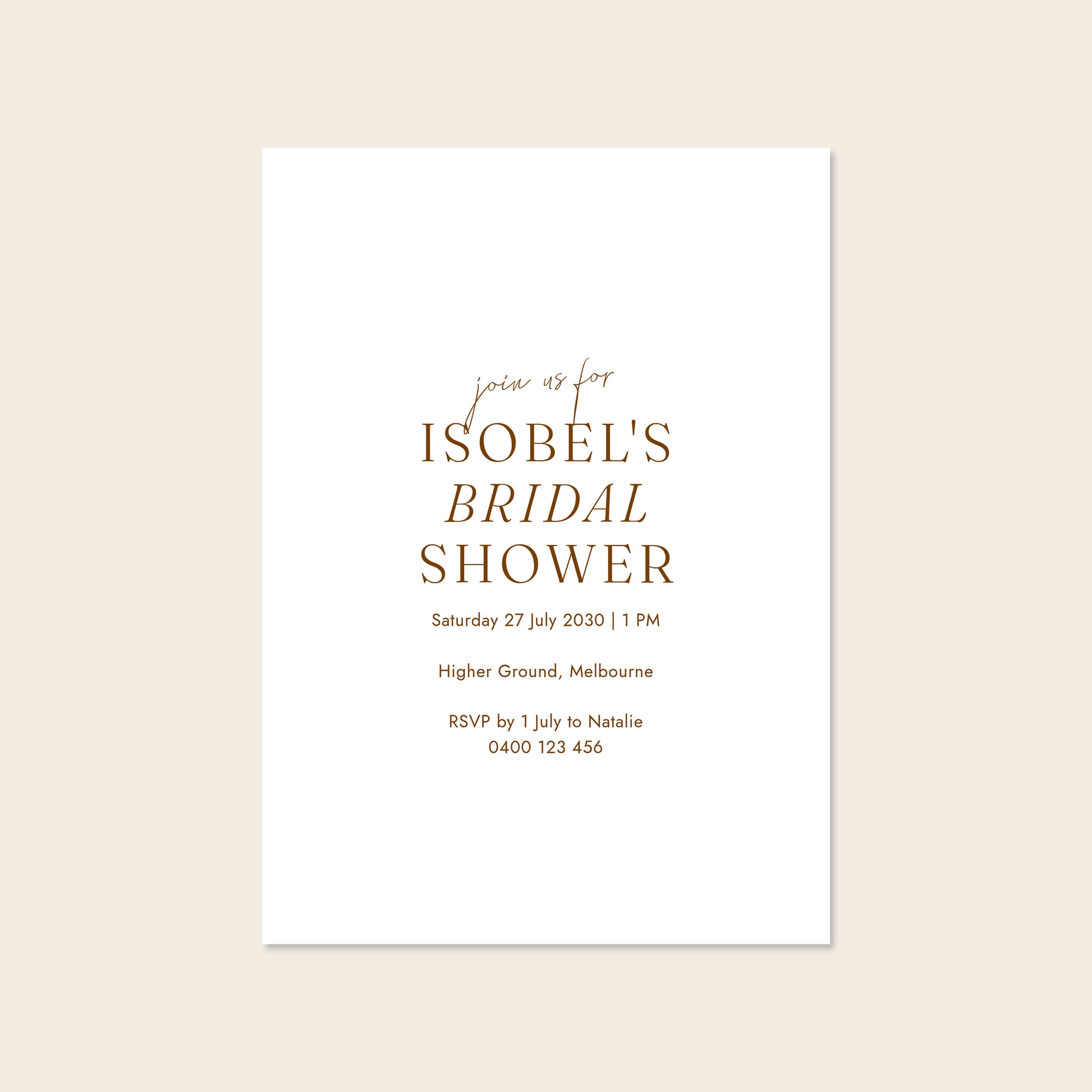 Minimalist bridal shower invitation template design on a beige background.