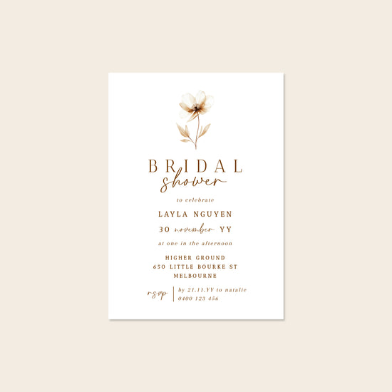 Bridal shower invitation template with floral design on a beige background.