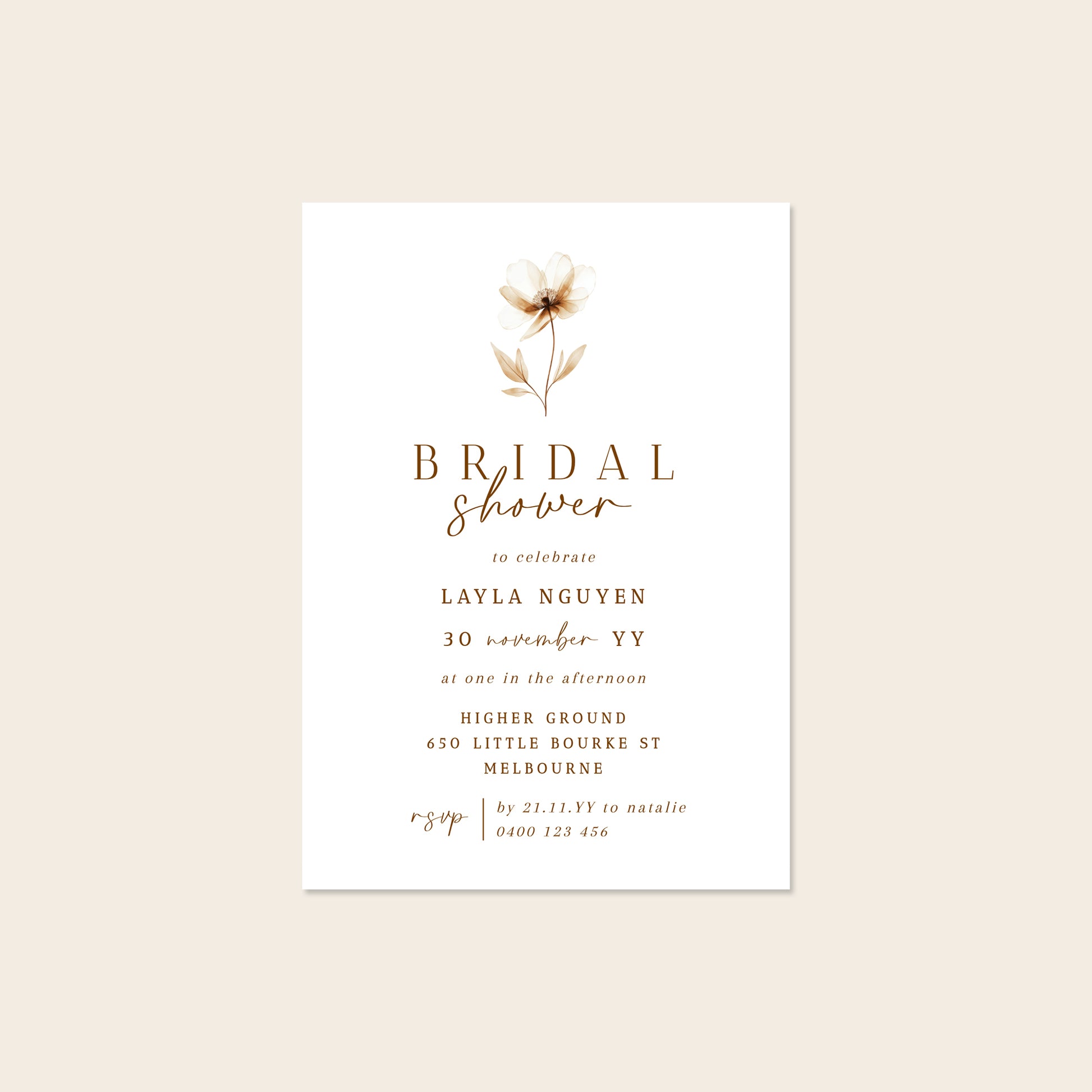 Bridal shower invitation template with floral design on a beige background.