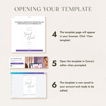 Three-step guide to opening your Canva template: click View template on the page that opens in your browser, click Open in Editor when prompted, then edit your template, now saved to your own Canva account.