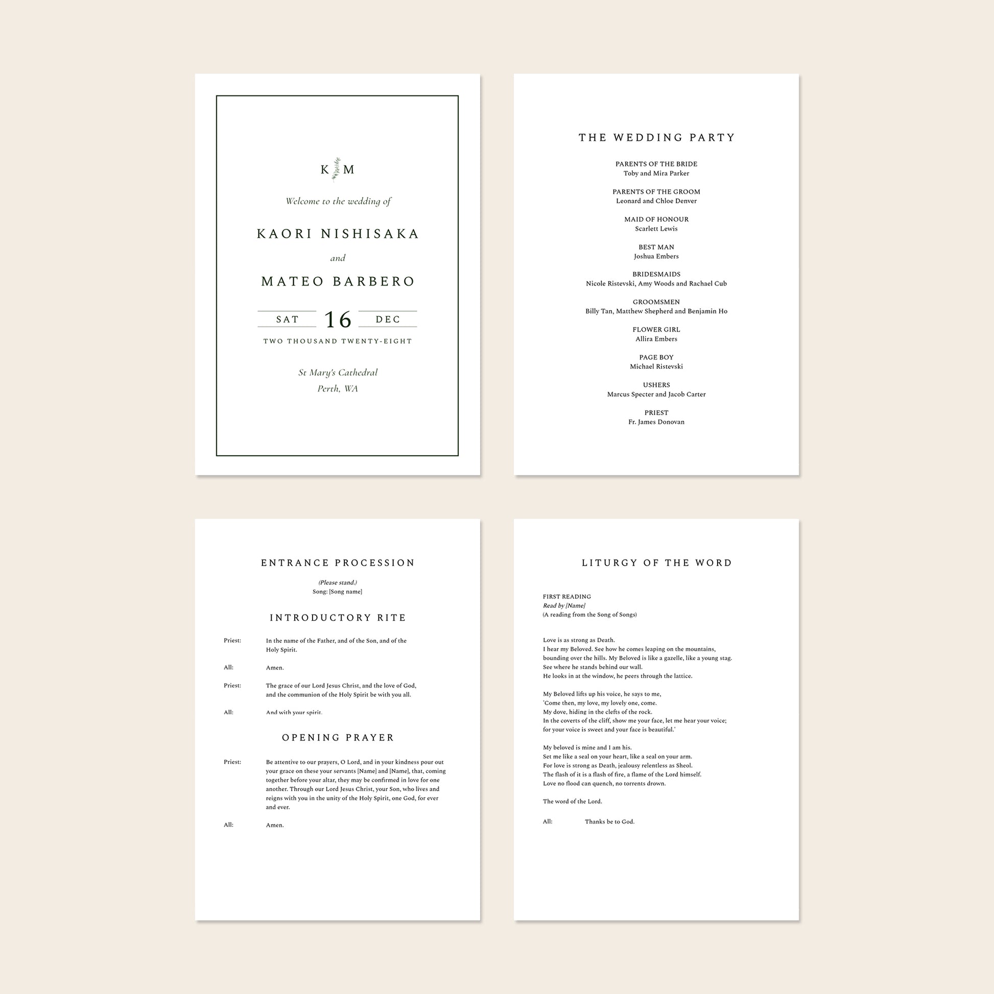 Four A5 wedding Mass ceremony booklet pages shown together, including the cover and interior layouts.