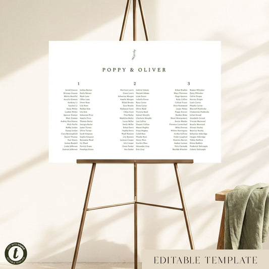 Juniper 3-Table Long Tables Wedding Seating Chart Template (Landscape)