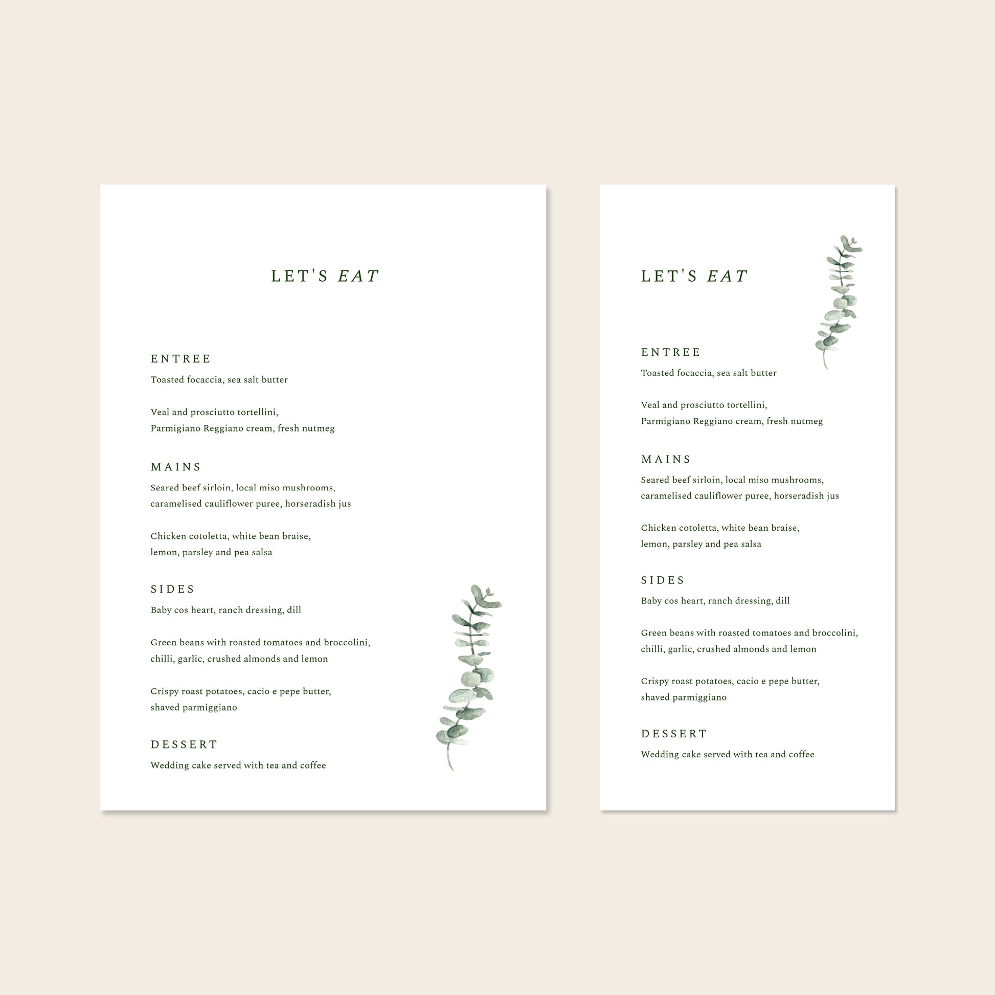 Two wedding menu templates, one tall and one wide, displayed on a beige background.