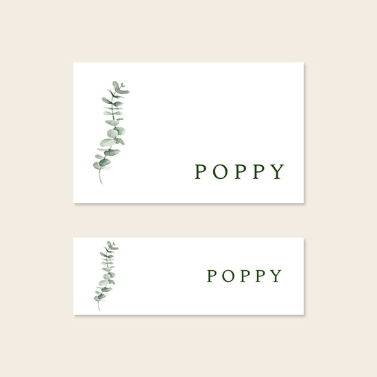 Two place card templates shown in horizontal and slim rectangular layouts on a beige background.